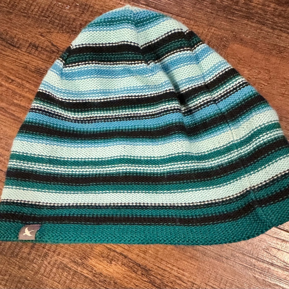 Eddie Bauer Teal Blue White Black Multi-Color Striped Beanie Unisex